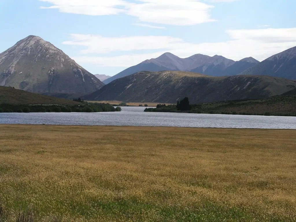 View of a green field and rolling hills at Arthur's Pass