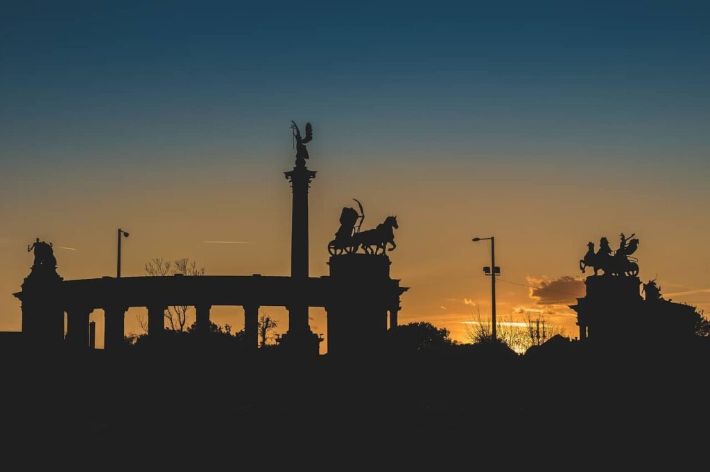 sunset at Heroes Square