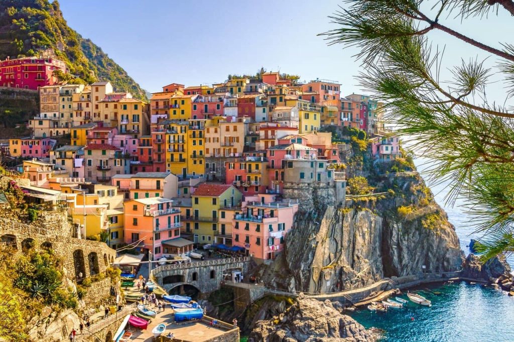 View of multicoloured houses on a cliffside at Cinque Terre