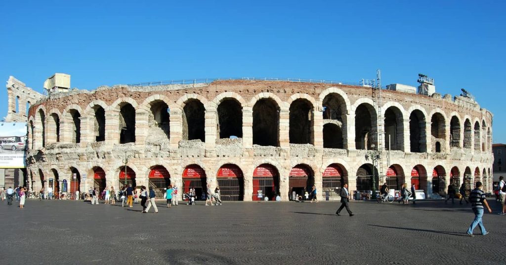 Exterior of the Roman arena in Verona with arches on both levels