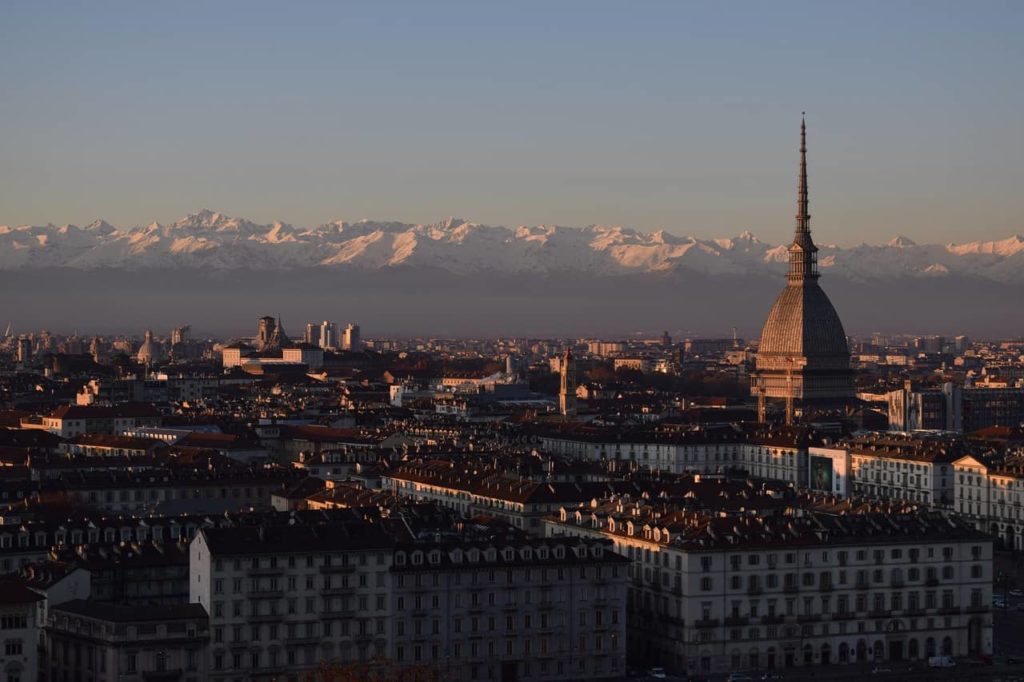 View of Turin skyline with mountains in the background