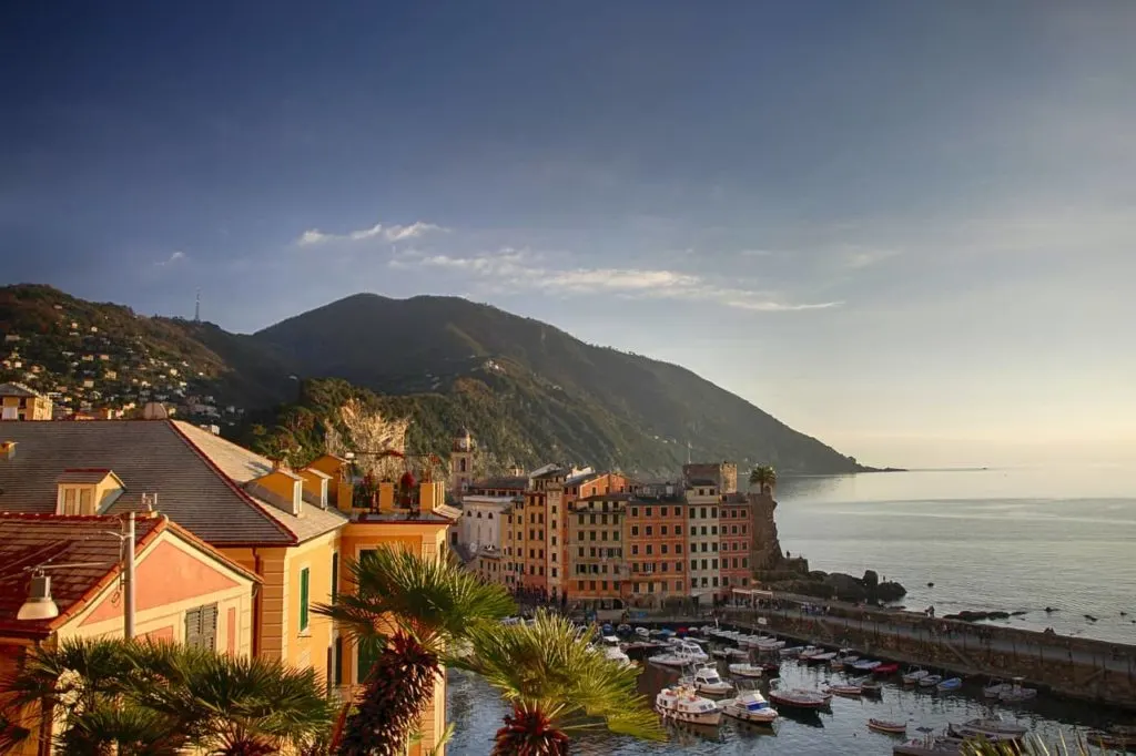 View of the coast in Genoa with buildings in the foreground