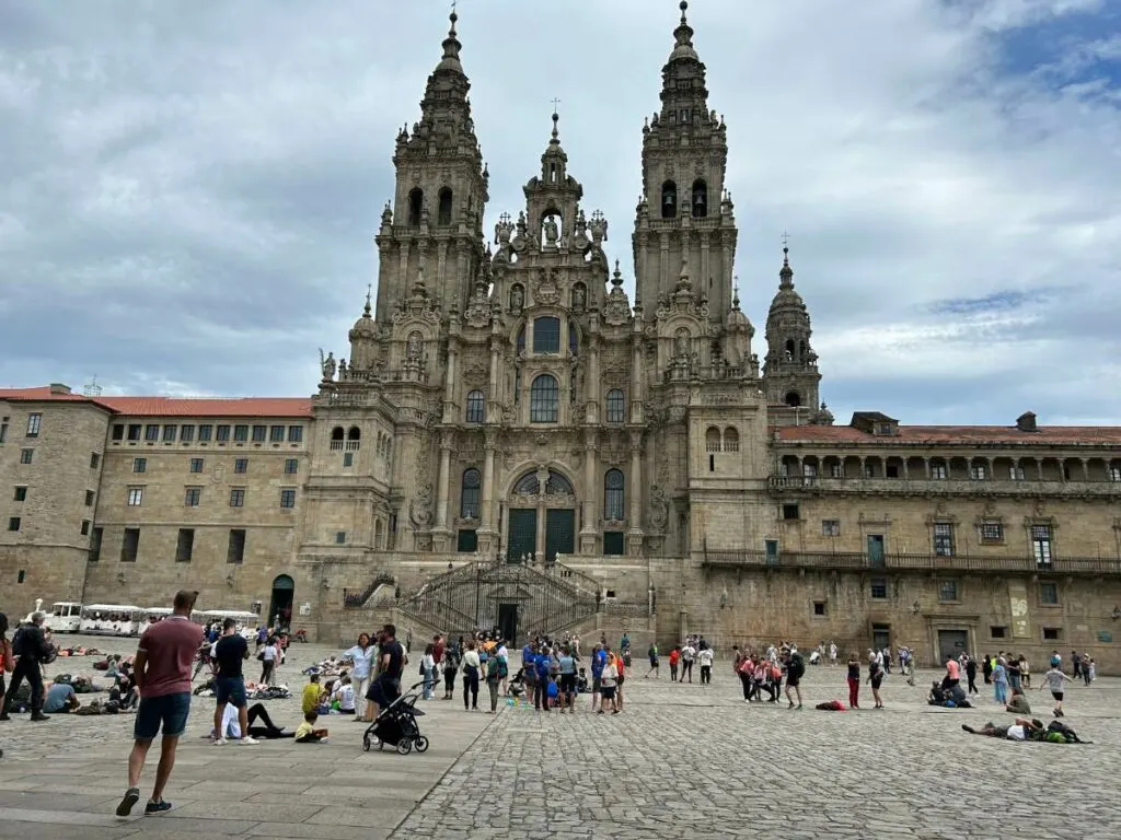 cathedral in Santiago de Compostela with people in the square in the foreground