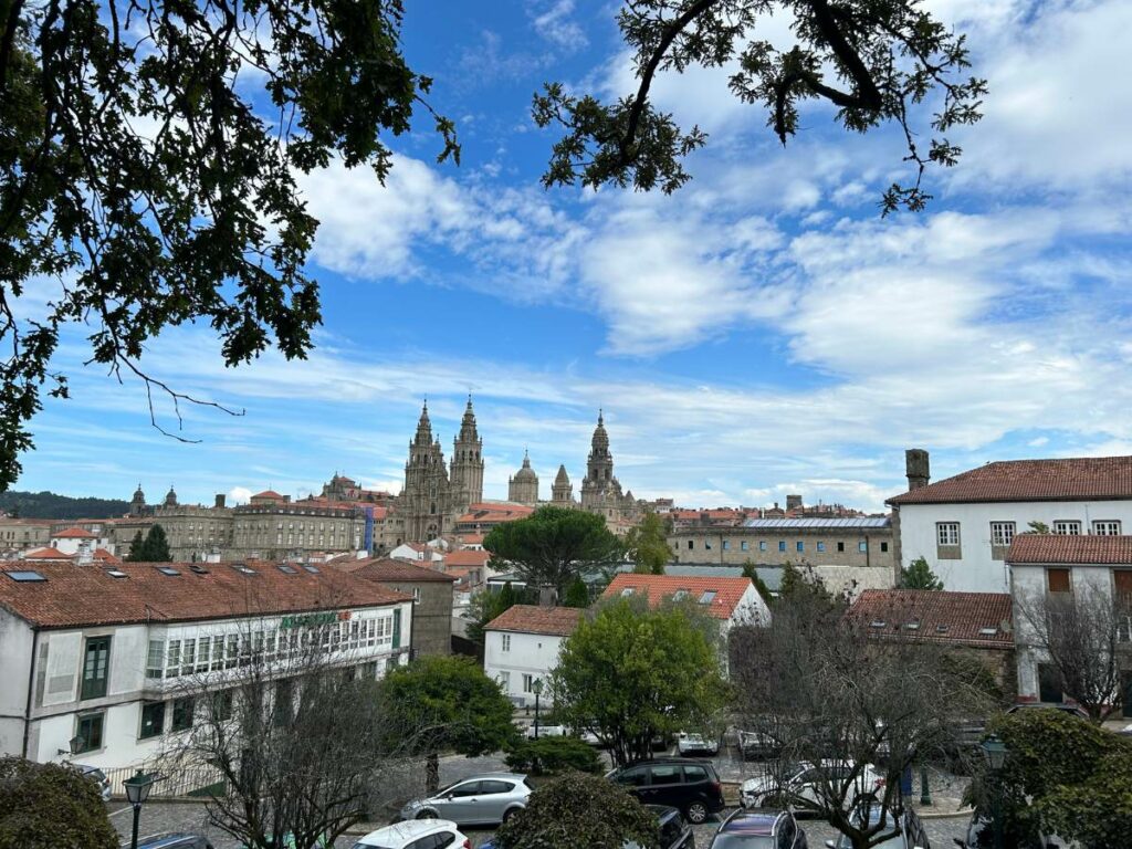 view of the cathedral in Santiago de Compostela with buildings in the foreground