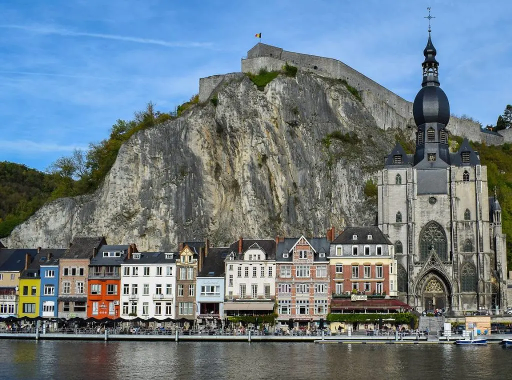 view of the citadel atop a cliff face in Dinant