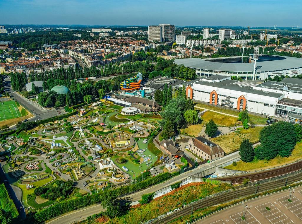 an overhead view of mini Europe with a football stadium in the background