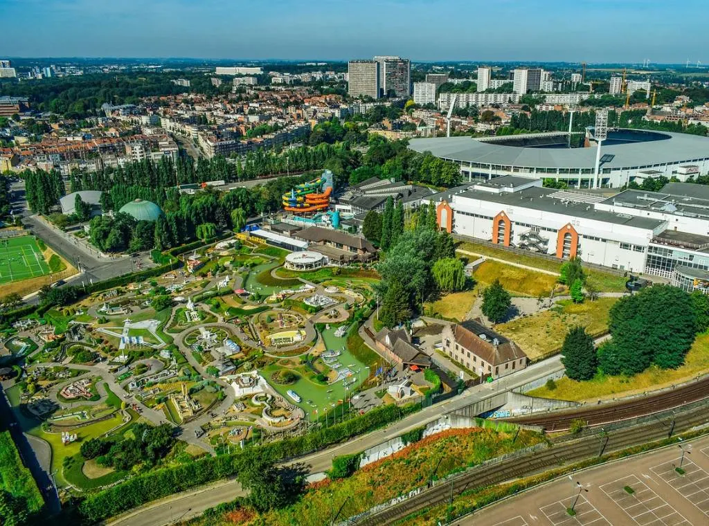 an overhead view of mini Europe with a football stadium in the background