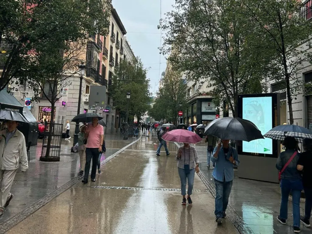 walking down a wet street in Madrid with people holding umbrellas