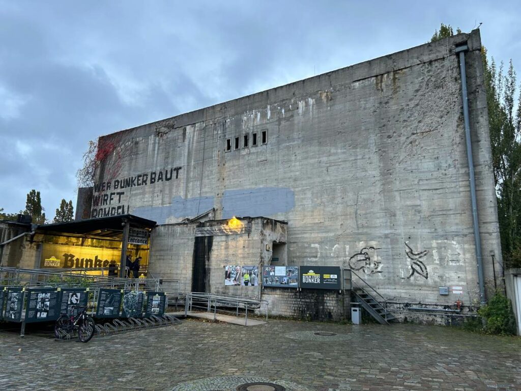 entrance to Berlin Story Bunker showing a big concrete building