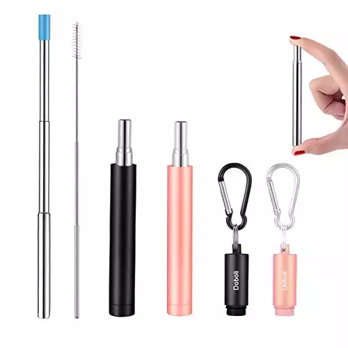 2 Pack Reusable Metal Straws Collapsible Stainless Steel Drinking Straw Travel Portable Telescopic Straw with Case,2 Cleaning Brushes Included Black/Rose Gold