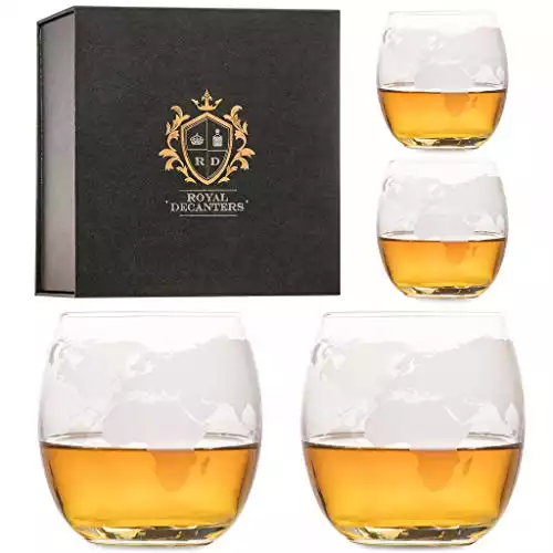 Royal Decanters Whiskey Glasses Etched with World Map - Set of 4 10 OZ Glasses Great Gift Set for Whiskey Scotch Rum Bourbon Tequila, Brandy Drinkers - Great for Dad - Packaged in a Beautiful Gift Box