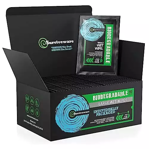 Surviveware Biodegradable Wet Wipes, Face and Body Wipes for Post Workout and Camping, Wipes for Adults, Large Wipes, 40 Count