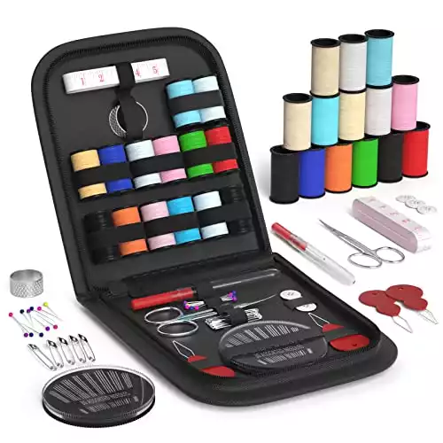 Coquimbo Sewing Kit Gifts for Grandma, Mom, Adults, Kids, Beginner, Traveler, Emergency, Portable Sewing Supplies Contains Soft Tape Measure, Scissors, Thread, Sewing Needle etc(Black, S)