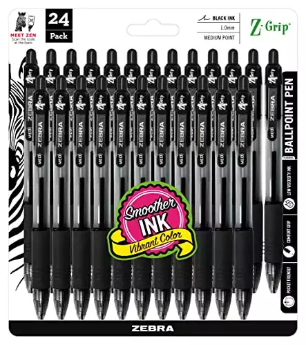 Zebra(R) Z-Grip(TM) Retractable Ballpoint Pens, 1.0 mm, Medium Point, Clear Barrel, Black Ink, Pack Of 24, 12221