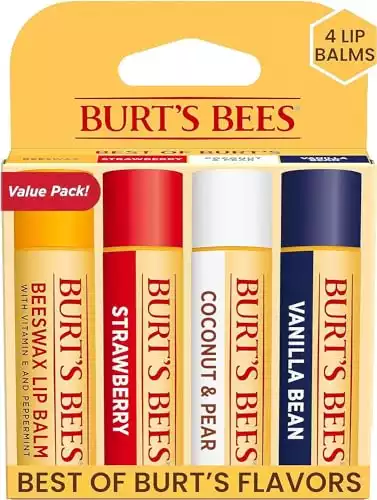 Burt's Bees Lip Balm Stocking Stuffers, Moisturizing Lip Care Christmas Gifts, Original Beeswax, Strawberry, Coconut & Pear, Vanilla Bean with Fruit Extracts, 100% Natural, Multipack (4-Pack)