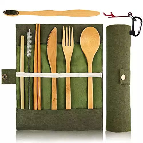 Bamboo Utensils Cutlery Set BEWBOW – Reusable Cutlery Travel Set – Eco-Friendly Wooden Silverware for Kids & Adults – Outdoor Portable Utensils with Case – Bamboo Spoon, Fork, Knife, Brush...