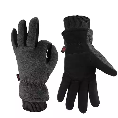 OZERO Ski Gloves Coldproof Thermal Skiing Glove - Deerskin Leather Palm & Polar Fleece Back with Insulated Cotton - Windproof Water-Resistant Warm Hands in Cold Weather for Women Men - Gray(S)