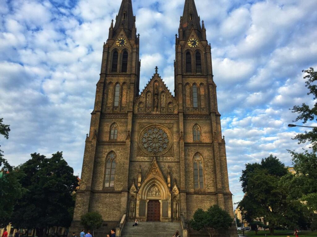 exterior of a church in Prague with two spires