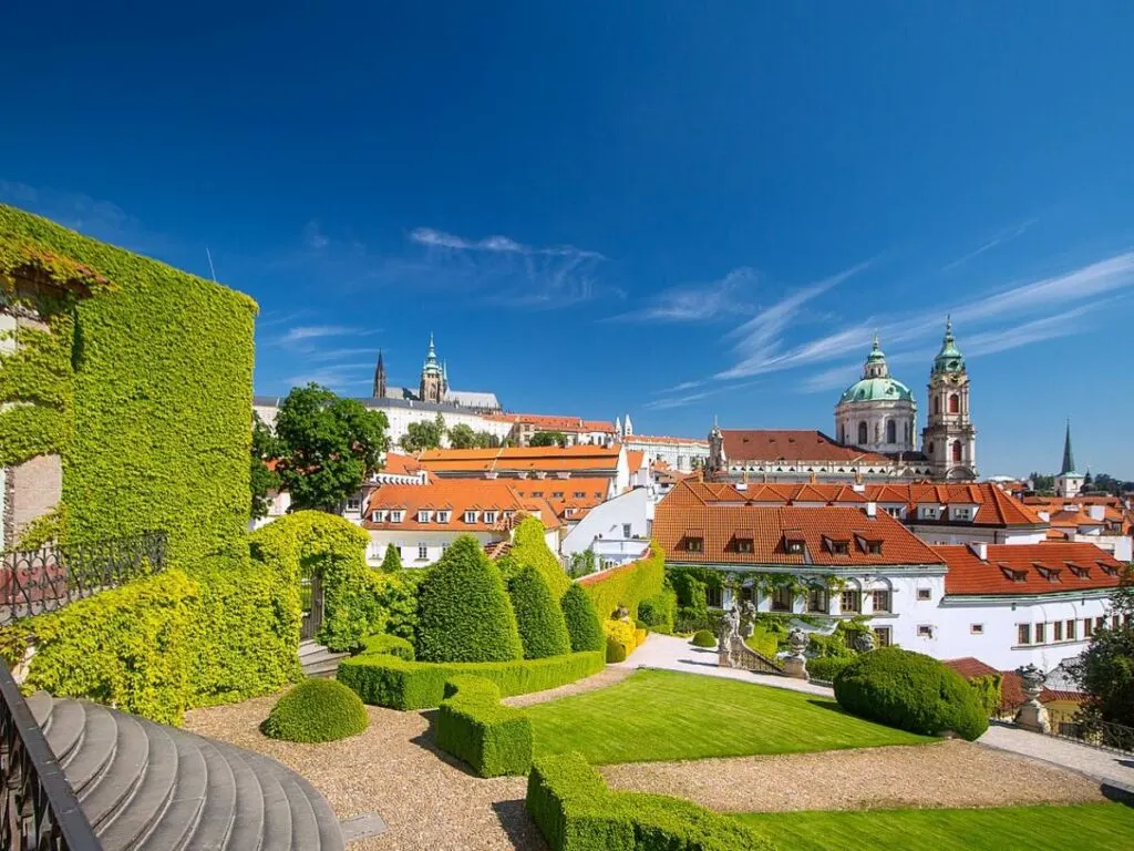 Vrtba Garden, with white buildings with terracotta tiles visible to the side